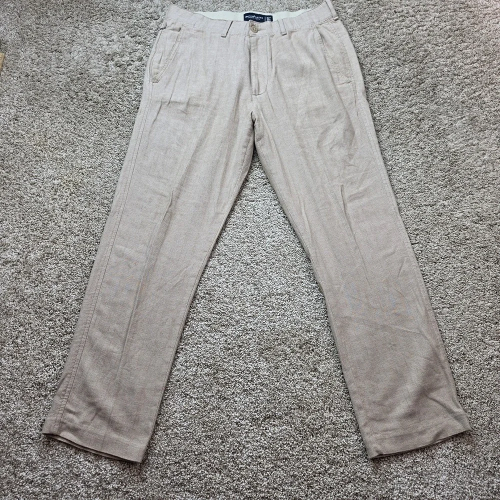 Abercrombie Fitch Pants Men 32x30 Tan Cotton Linen Straight Stretch Herringbone